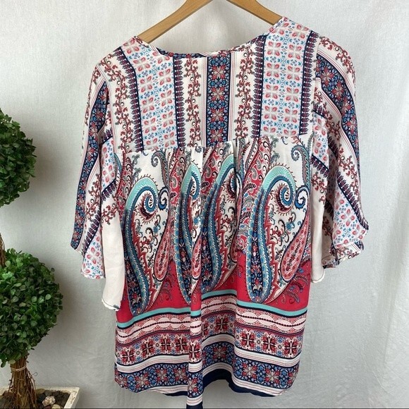 Fig & Flowers Anthropologie Floral Short Sleeve Peasant  Boho Blouse Top L - Picture 3 of 7